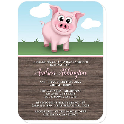 Happy Pink Pig on the Farm Baby Shower Invitations (with rounded corners) at Artistically Invited. Happy pink pig on the farm baby shower invitations illustrated with a cute and happy pink pig on the farm theme. This smiling pig is standing outside on the grass with a blue sky behind it. The personalized information you provide for your baby shower is custom printed in pink and white over a rustic brown wood pattern background.