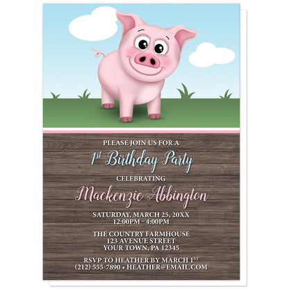 Happy Pink Pig on the Farm Birthday Party Invitations at Artistically Invited. Happy pink pig on the farm birthday party invitations illustrated with a cute and happy pink pig on the farm theme. This smiling pig is standing outside on the grass with a blue sky behind it. The personalized information you provide for your birthday party is custom printed in pink and white over a rustic brown wood pattern background.