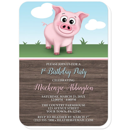 Happy Pink Pig on the Farm Birthday Party Invitations (with rounded corners) at Artistically Invited. Happy pink pig on the farm birthday party invitations illustrated with a cute and happy pink pig on the farm theme. This smiling pig is standing outside on the grass with a blue sky behind it. The personalized information you provide for your birthday party is custom printed in pink and white over a rustic brown wood pattern background.