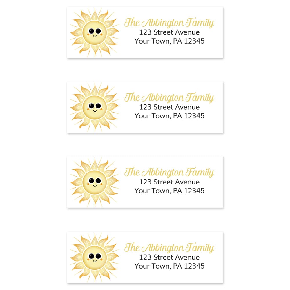 Happy Sun Address Labels at Artistically Invited. Sheets of 4 labels. These address labels are designed with an illustration of a cute and smiling, happy sun on the left side. Your personalized return address is custom printed in yellow and black over white.