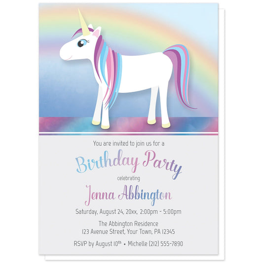 Happy Unicorn Rainbow Birthday Party Invitations at Artistically Invited. Uniquely illustrated happy unicorn rainbow birthday party invitations designed with a happy white unicorn with a mane in pink, blue, and purple, in front of a rainbow sky. The personalized information you provide for your birthday party will be printed in unicorn colors and gray over a very light gray.