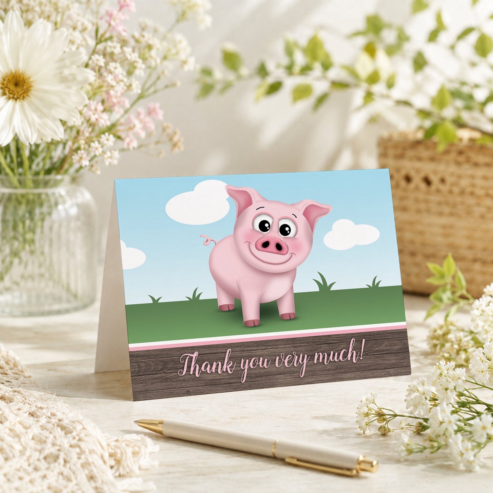 Happy Pink Pig on the Farm Thank You Card shown on a tabletop with a vase, spring and summer flowers, and a pen.