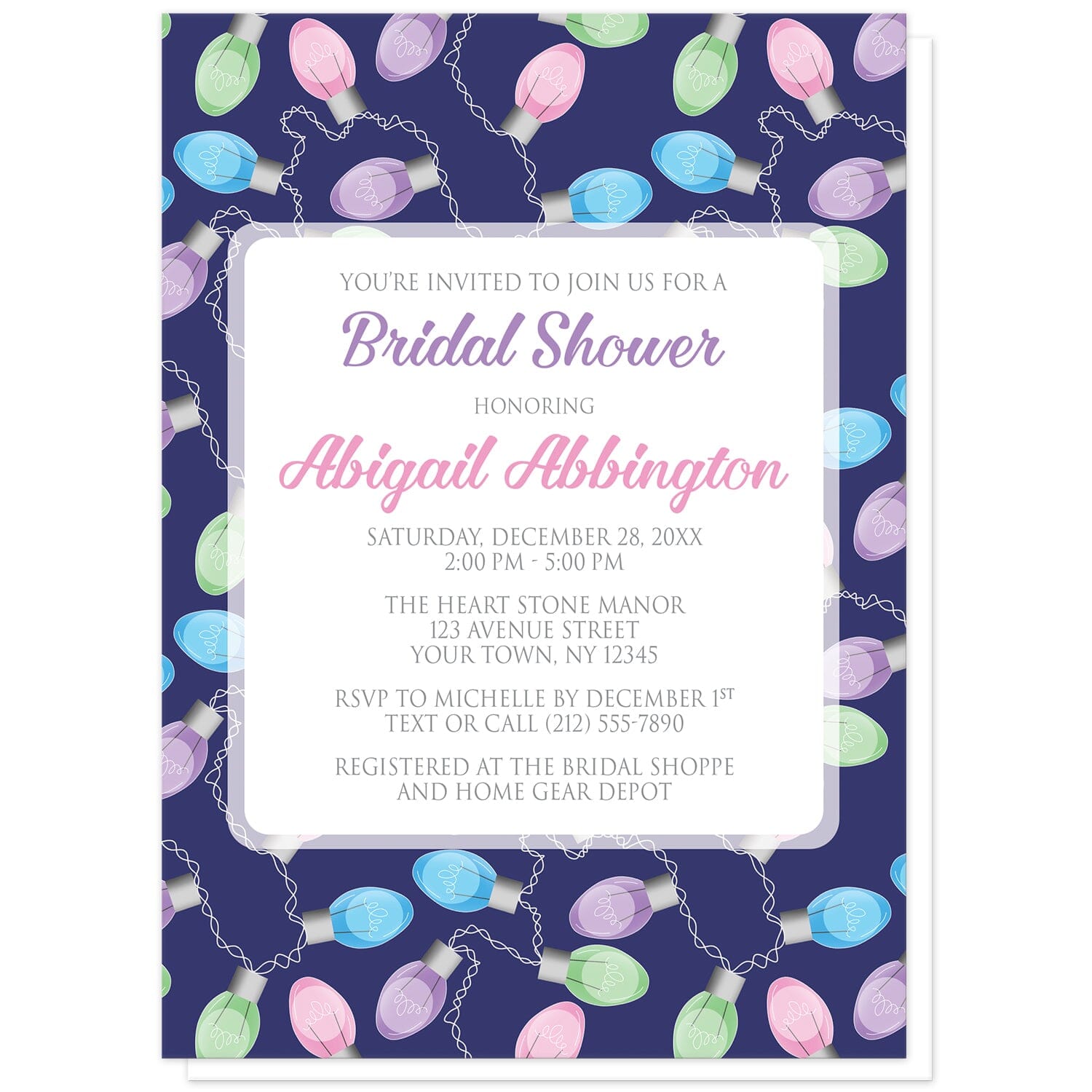 Holiday Lights Pattern Bridal Shower Invitations at Artistically Invited. Holiday lights pattern bridal shower invitations designed with your personalized celebration details custom printed in purple, pink, and gray in a white square frame design over a background illustrated with a string of colorful holiday lights in a pattern over a navy blue color. The bulb colors on the string in the design are pink, purple, blue, and green.