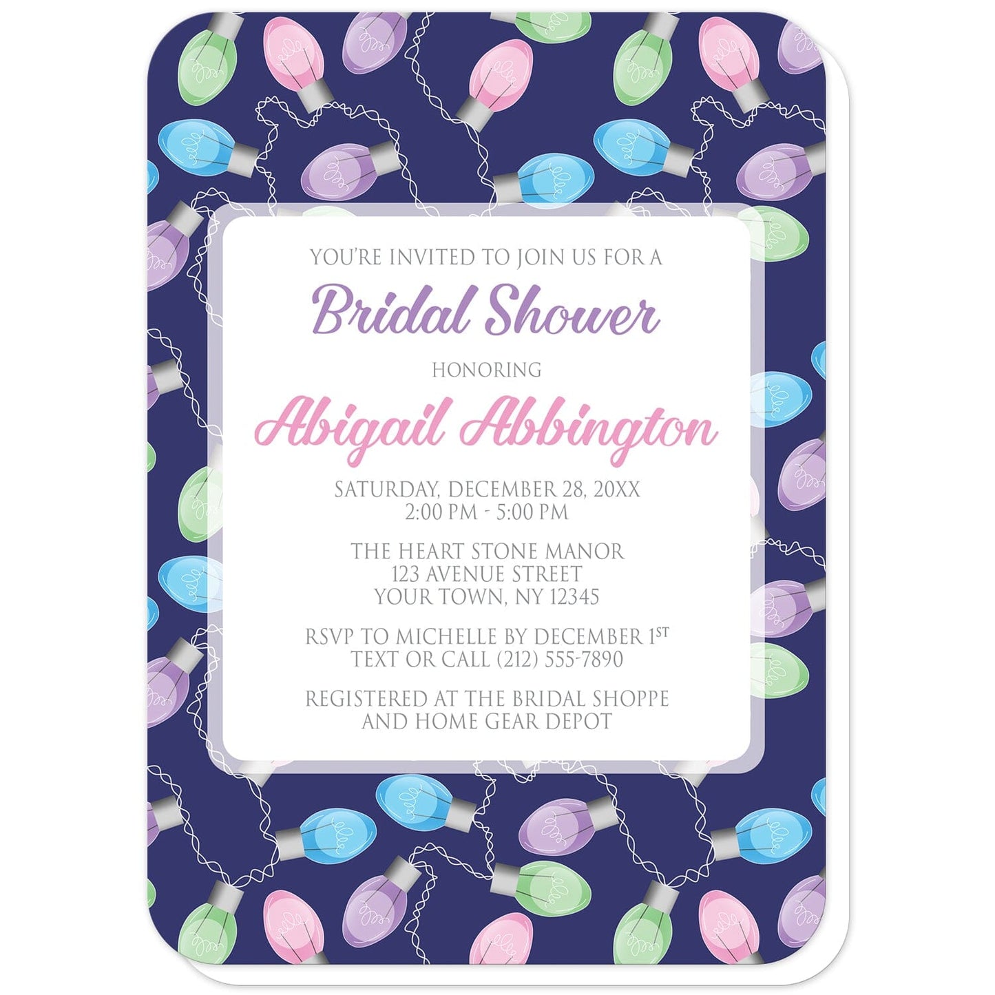 Holiday Lights Pattern Bridal Shower Invitations (with rounded corners) at Artistically Invited. Holiday lights pattern bridal shower invitations designed with your personalized celebration details custom printed in purple, pink, and gray in a white square frame design over a background illustrated with a string of colorful holiday lights in a pattern over a navy blue color. The bulb colors on the string in the design are pink, purple, blue, and green.
