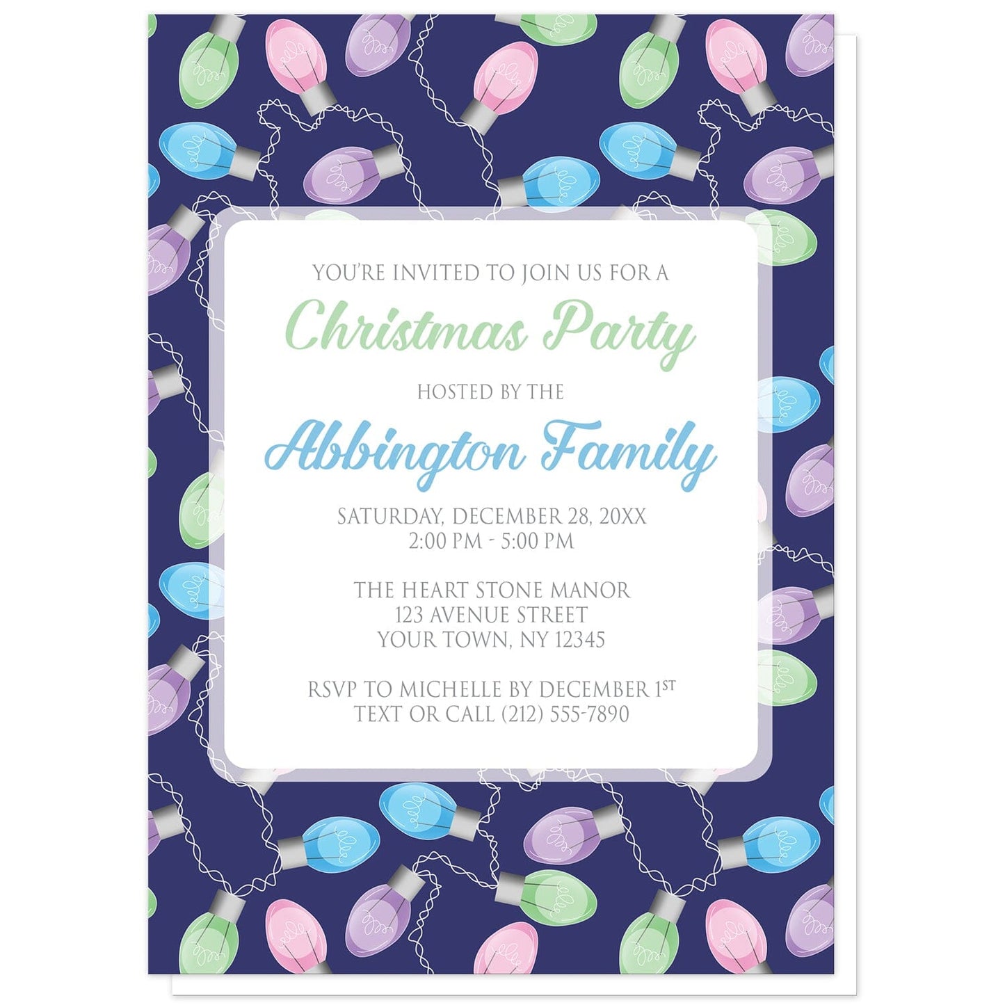 Holiday Lights Pattern Christmas Party Invitations at Artistically Invited. Holiday lights pattern Christmas party invitations designed with your personalized holiday party details custom printed in green, blue, and gray in a white square frame design over a background illustrated with a string of colorful holiday lights in a pattern over a navy blue color. The bulb colors on the string in the design are pink, purple, blue, and green.