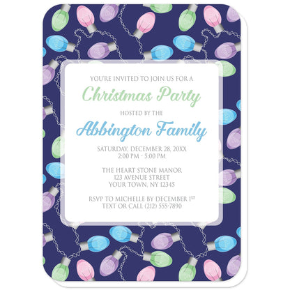 Holiday Lights Pattern Christmas Party Invitations (with rounded corners) at Artistically Invited. Holiday lights pattern Christmas party invitations designed with your personalized holiday party details custom printed in green, blue, and gray in a white square frame design over a background illustrated with a string of colorful holiday lights in a pattern over a navy blue color. The bulb colors on the string in the design are pink, purple, blue, and green.