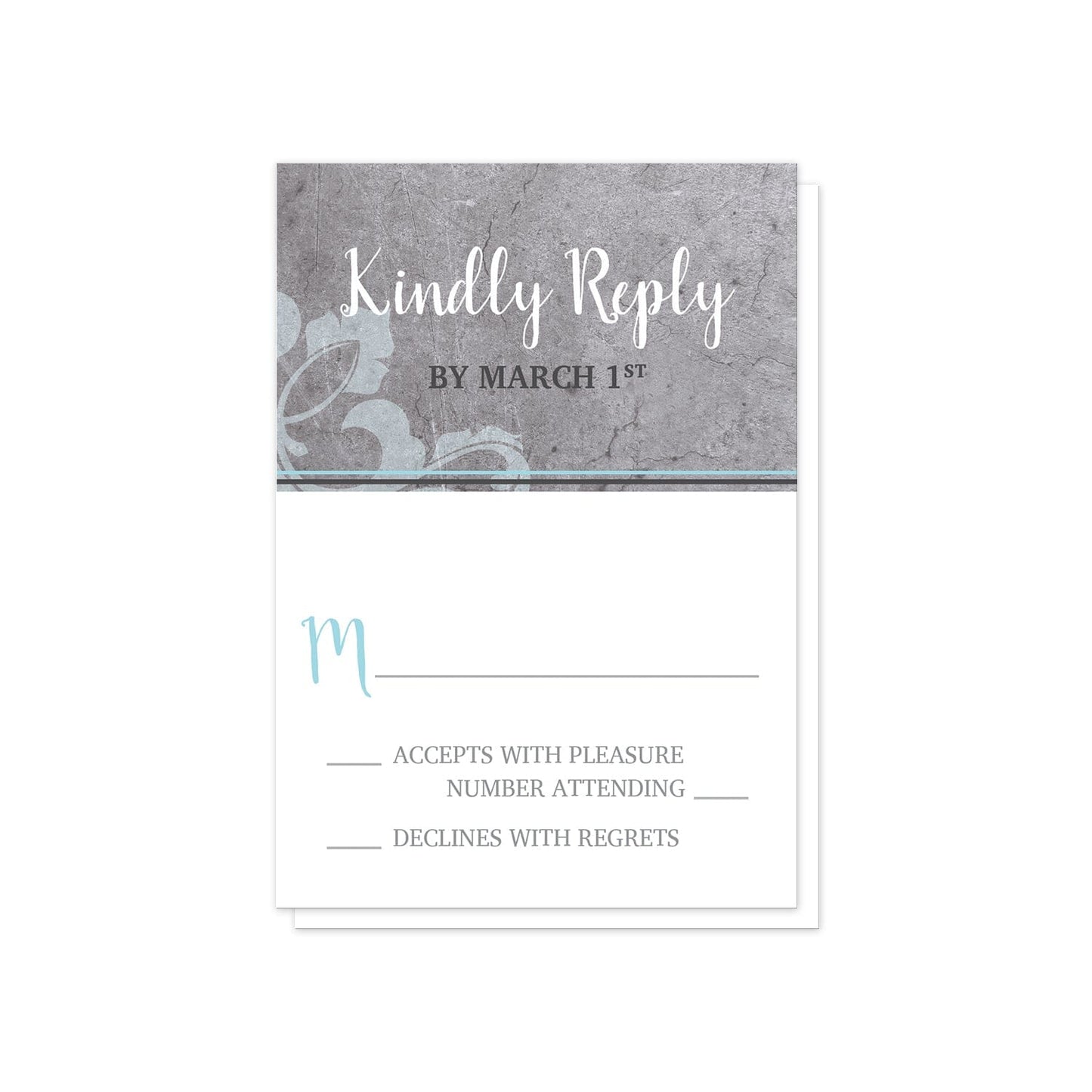 Industrial Aqua Gray Flourish RSVP Cards at Artistically Invited.