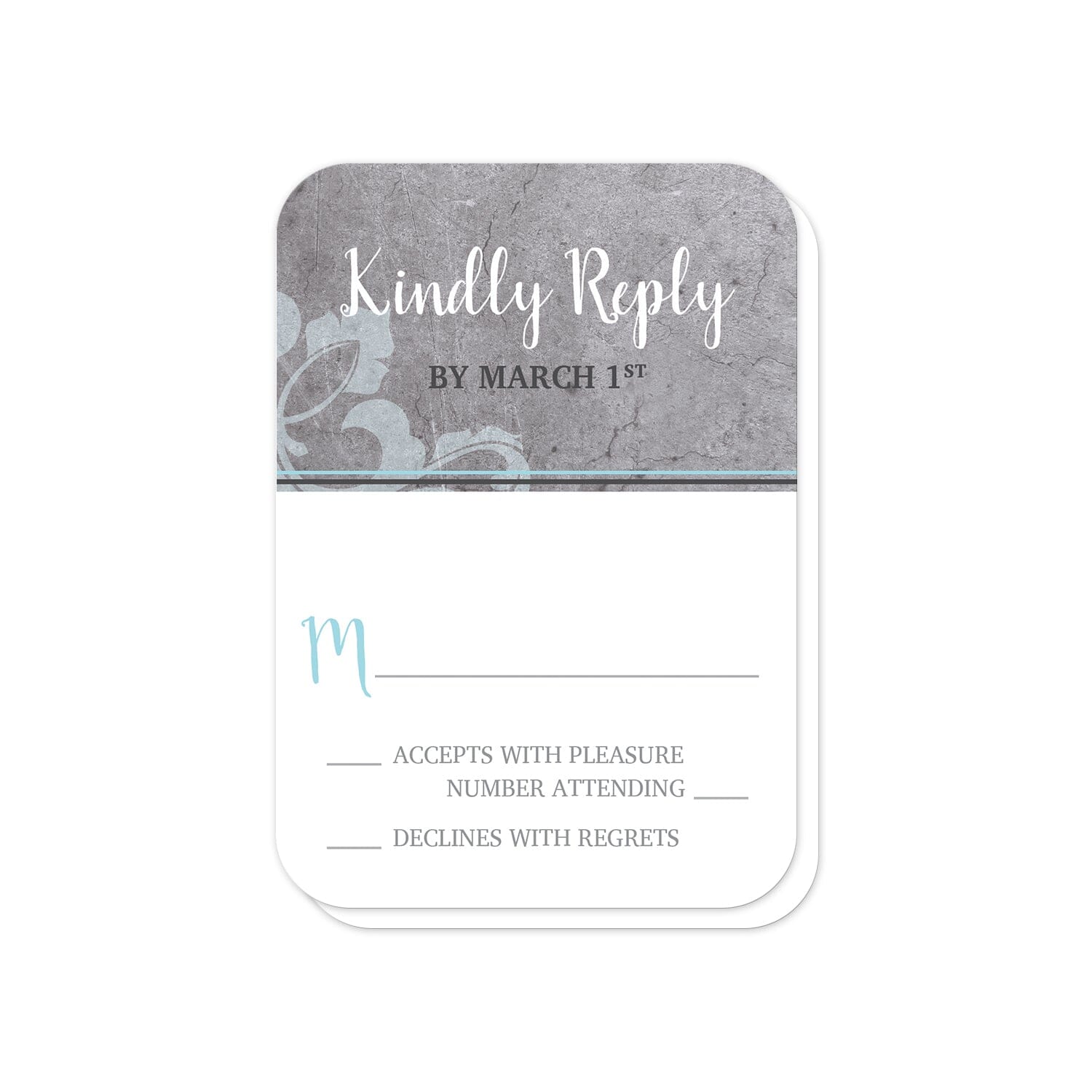 Industrial Aqua Gray Flourish RSVP Cards (with rounded corners) at Artistically Invited.