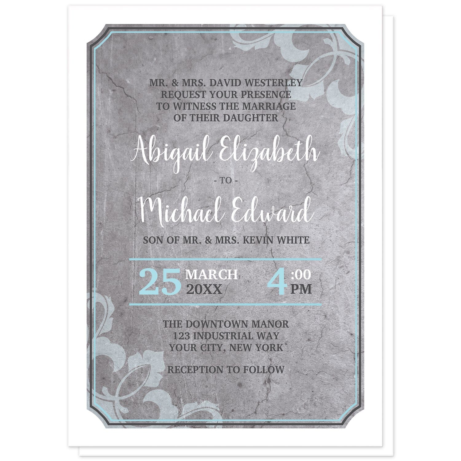 Industrial Aqua Gray Flourish Wedding Invitations at Artistically Invited. Invites with a gray concrete design with aqua blue, white, and dark gray typography over the concrete. They're framed with a thick white outer edge design. A light aqua flourish watermark overlays two opposing corners. The names are printed in a white script font over the concrete design while the remaining details are printed in a white, aqua blue, and dark gray all-capital letters serif font. 