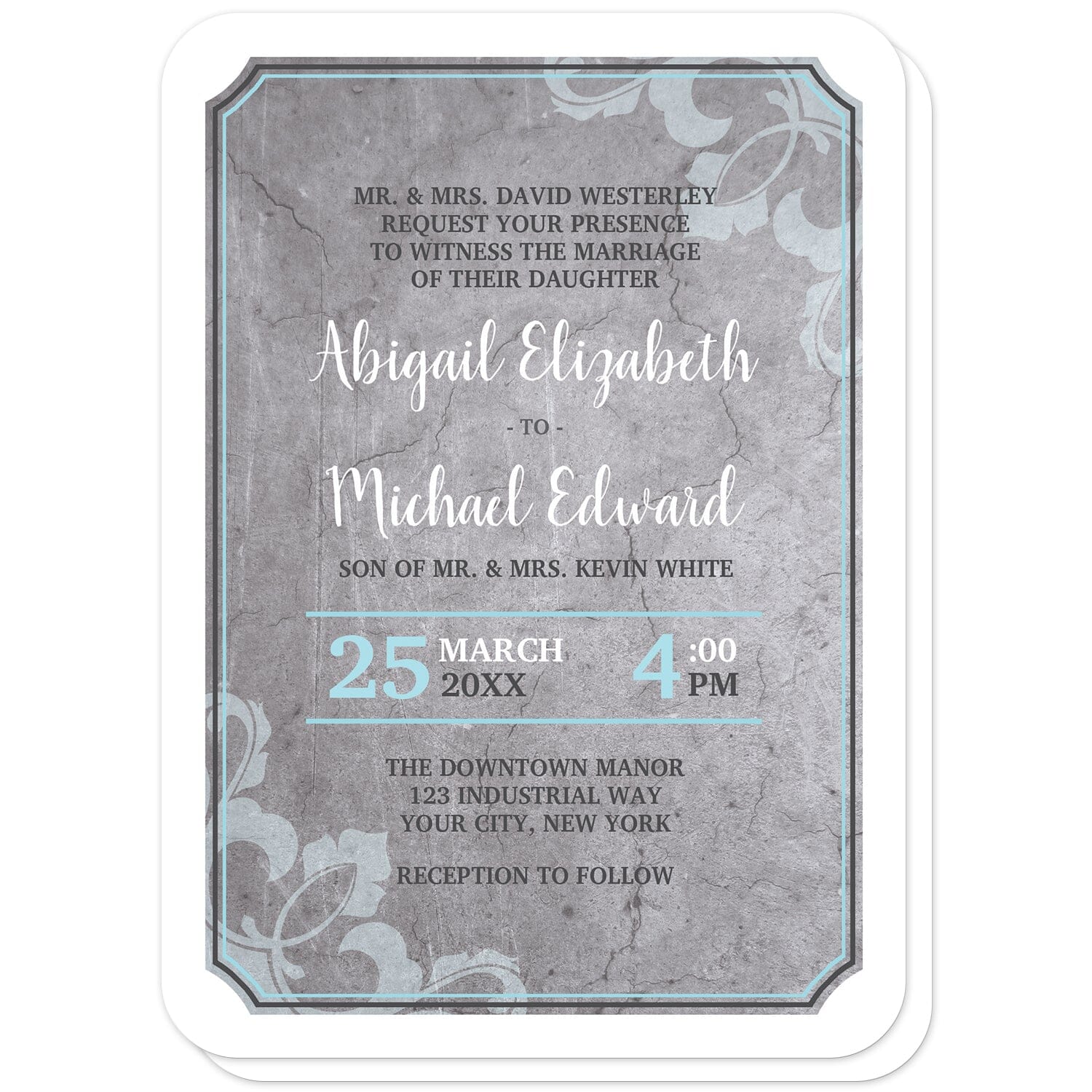 Industrial Aqua Gray Flourish Wedding Invitations (with rounded corners) at Artistically Invited. Invites with a gray concrete design with aqua blue, white, and dark gray typography over the concrete. They're framed with a thick white outer edge design. A light aqua flourish watermark overlays two opposing corners. The names are printed in a white script font over the concrete design while the remaining details are printed in a white, aqua blue, and dark gray all-capital letters serif font. 