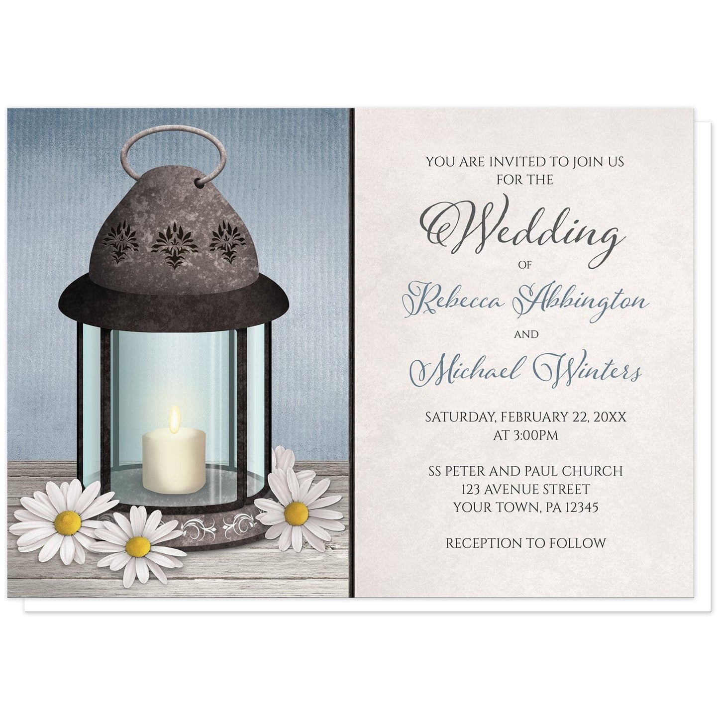 Lantern Daisy Rustic Blue Wedding Invitations at Artistically Invited. Country-inspired lantern daisy rustic blue wedding invitations featuring an old but elegant ornate metal lantern with a lit candle inside and daisies around it on a light wood tabletop, over a rustic blue background. Your personalized wedding details are custom printed in gray and blue over a light parchment background design, beside the lantern illustration.