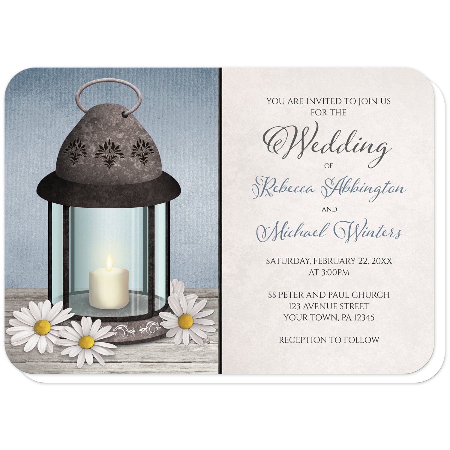 Lantern Daisy Rustic Blue Wedding Invitations (with rounded corners) at Artistically Invited. Country-inspired lantern daisy rustic blue wedding invitations featuring an old but elegant ornate metal lantern with a lit candle inside and daisies around it on a light wood tabletop, over a rustic blue background. Your personalized wedding details are custom printed in gray and blue over a light parchment background design, beside the lantern illustration.
