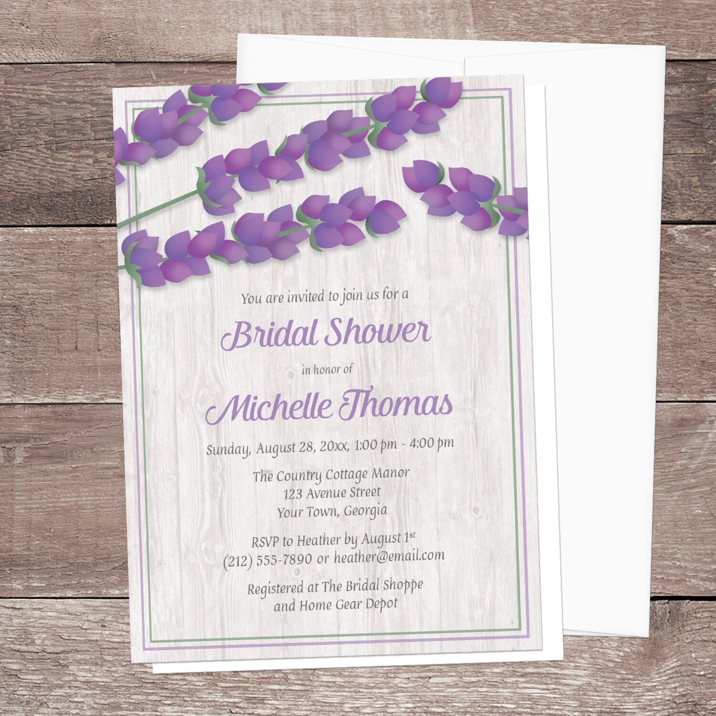 Whitewashed Wood Lavender Bridal Shower Invitation shown on a rustic wood surface with a white envelope.