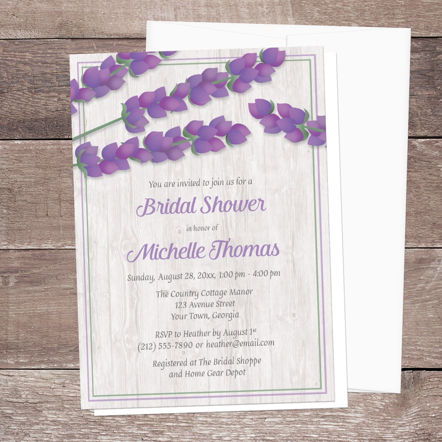 Whitewashed Wood Lavender Bridal Shower Invitation shown on a rustic wood surface with a white envelope.