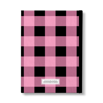 Personalized Light Pink and Black Buffalo Plaid Journal at Artistically Invited. Back side of the book.