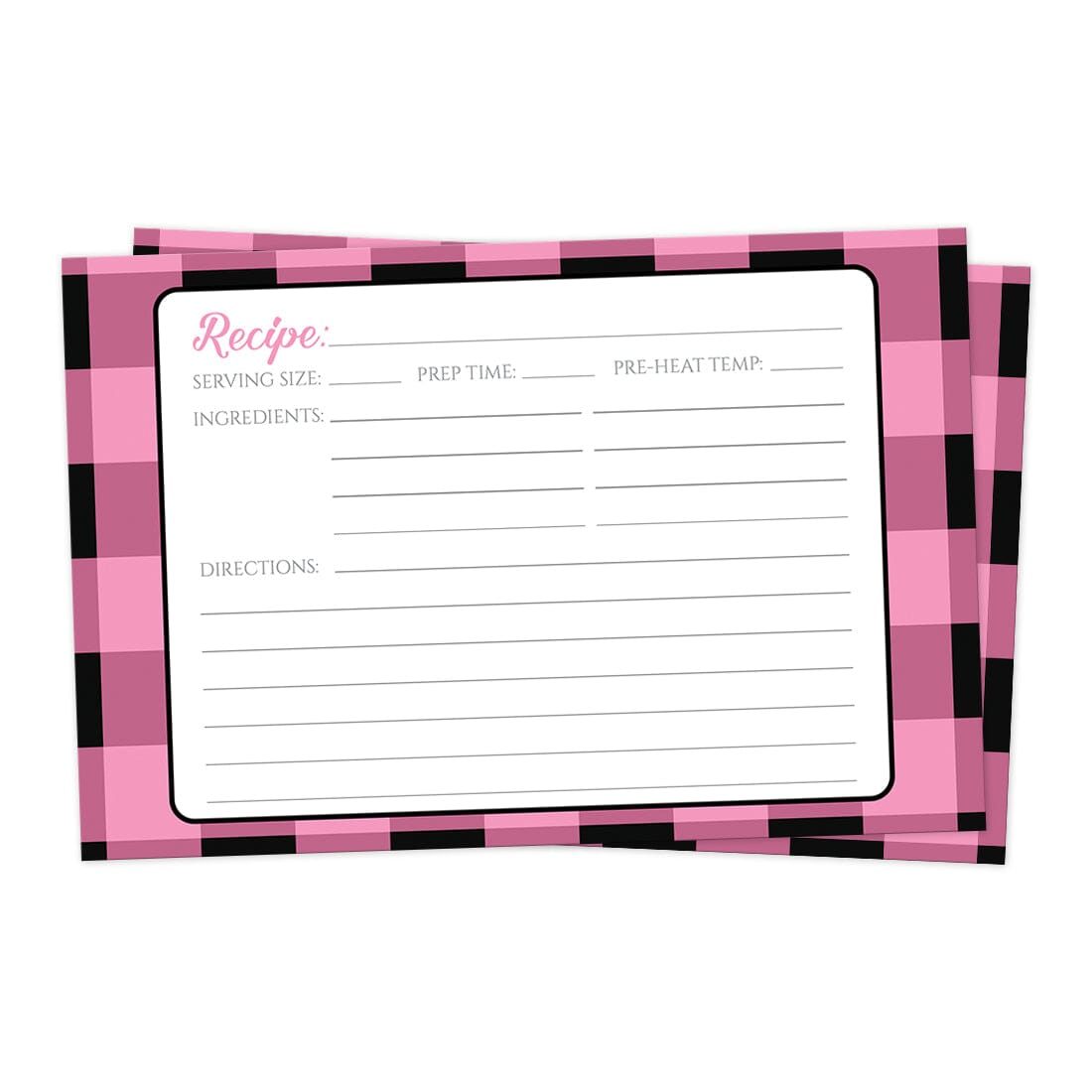 Front side of the Light Pink and Black Buffalo Plaid Recipe Cards