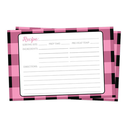 Front side of the Light Pink and Black Buffalo Plaid Recipe Cards