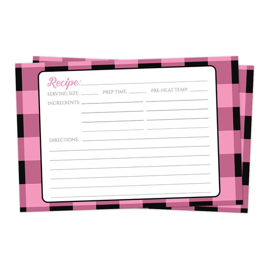 Front side of the Light Pink and Black Buffalo Plaid Recipe Cards