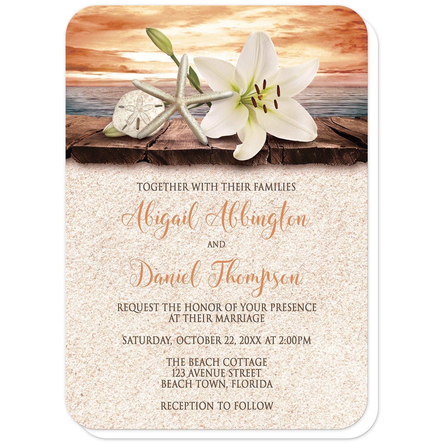 Lily Seashells and Sand Autumn Beach Wedding Invitations (with rounded corners) at Artistically Invited. Lily seashells and sand autumn beach wedding invitations with an elegant white lily, a starfish, and a sand dollar on a rustic wood dock overlooking the open water under a tropical orange sunset sky. Your personalized marriage celebration details are custom printed in dark brown and orange over a beige sand texture background design.