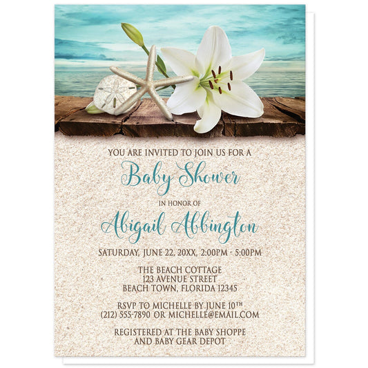 Lily Seashells and Sand Beach Baby Shower Invitations at Artistically Invited. Floral lily seashells and sand beach baby shower invitations with an elegant white lily, a starfish, and a sand dollar on a rustic wood dock overlooking the open water. Your personalized baby shower celebration details are custom printed in dark brown and teal over a beige sand background design. 