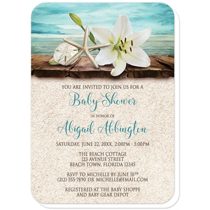 Lily Seashells and Sand Beach Baby Shower Invitations (with rounded corners) at Artistically Invited. Floral lily seashells and sand beach baby shower invitations with an elegant white lily, a starfish, and a sand dollar on a rustic wood dock overlooking the open water. Your personalized baby shower celebration details are custom printed in dark brown and teal over a beige sand background design. 