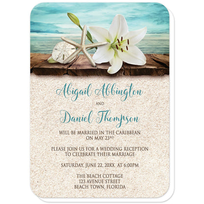 Lily Seashells and Sand Beach Reception Only Invitations (with rounded corners) at Artistically Invited. Tropical lily seashells and sand beach reception only invitations with an elegant white lily, a starfish, and a sand dollar on a wood dock overlooking the open water. These tropical lily invites are fully illustrated in a beach color scheme of teal and turquoise, beige, and brown. Your personalized post-wedding reception details are custom printed in dark brown and teal over a beige sand background.