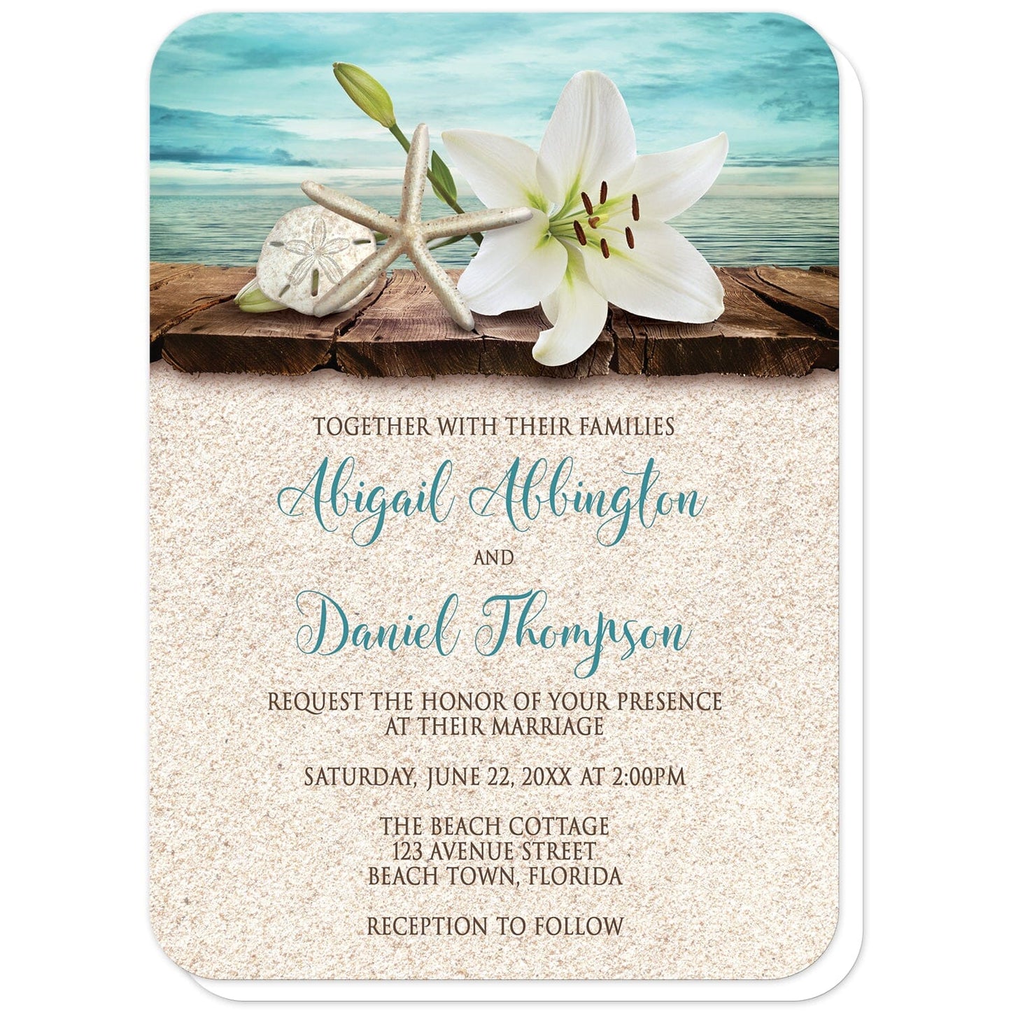 Lily Seashells and Sand Beach Wedding Invitations (with rounded corners) at Artistically Invited. Tropical invites with an elegant white lily, a starfish, and a sand dollar on a rustic wood dock overlooking the open water. These tropical lily invitations are fully illustrated in a beach color scheme of teal and turquoise, beige, and brown. Your personalized marriage celebration details are custom printed in dark brown and teal over a beige sand texture background design. 