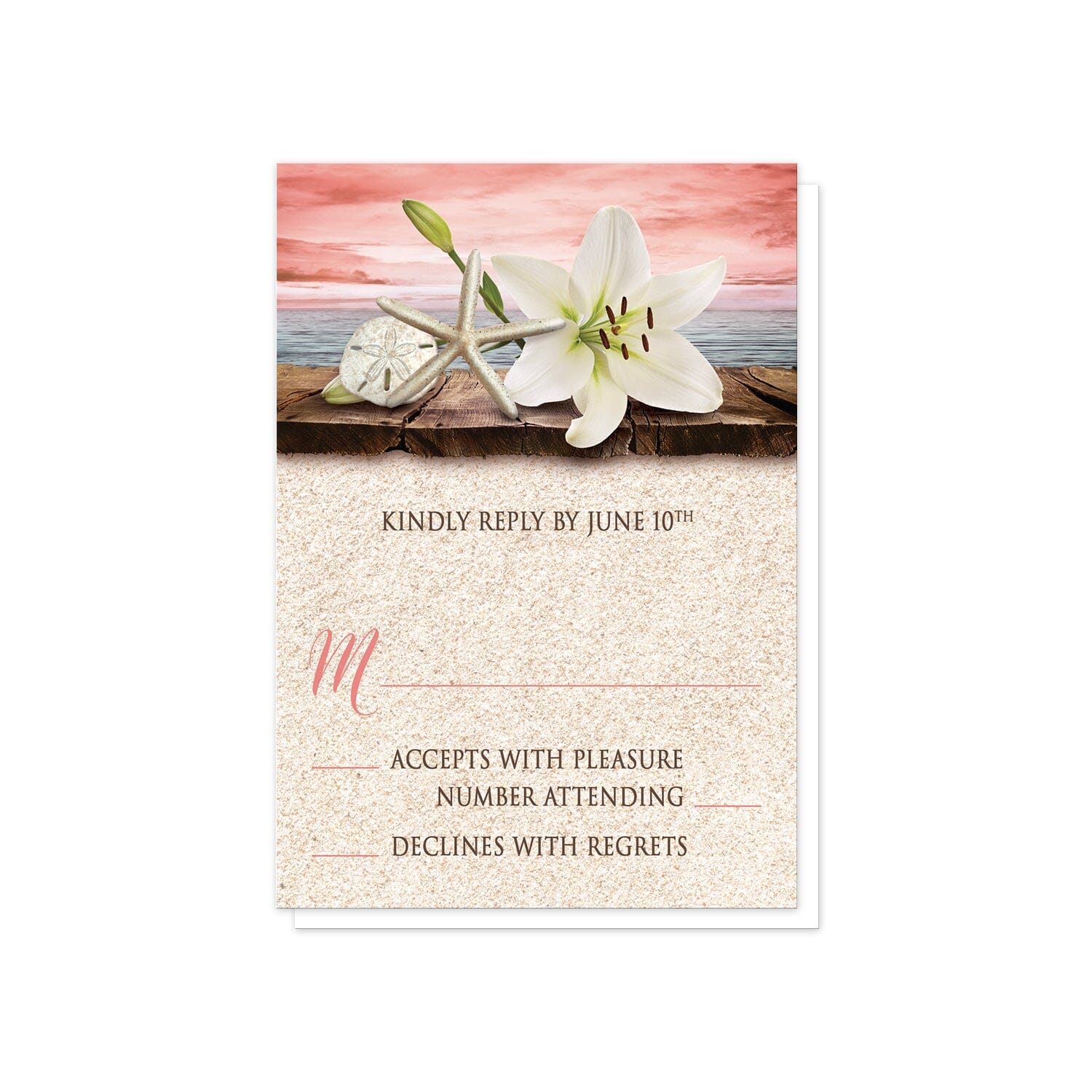 Lily Seashells and Sand Coral Beach RSVP Cards at Artistically Invited.