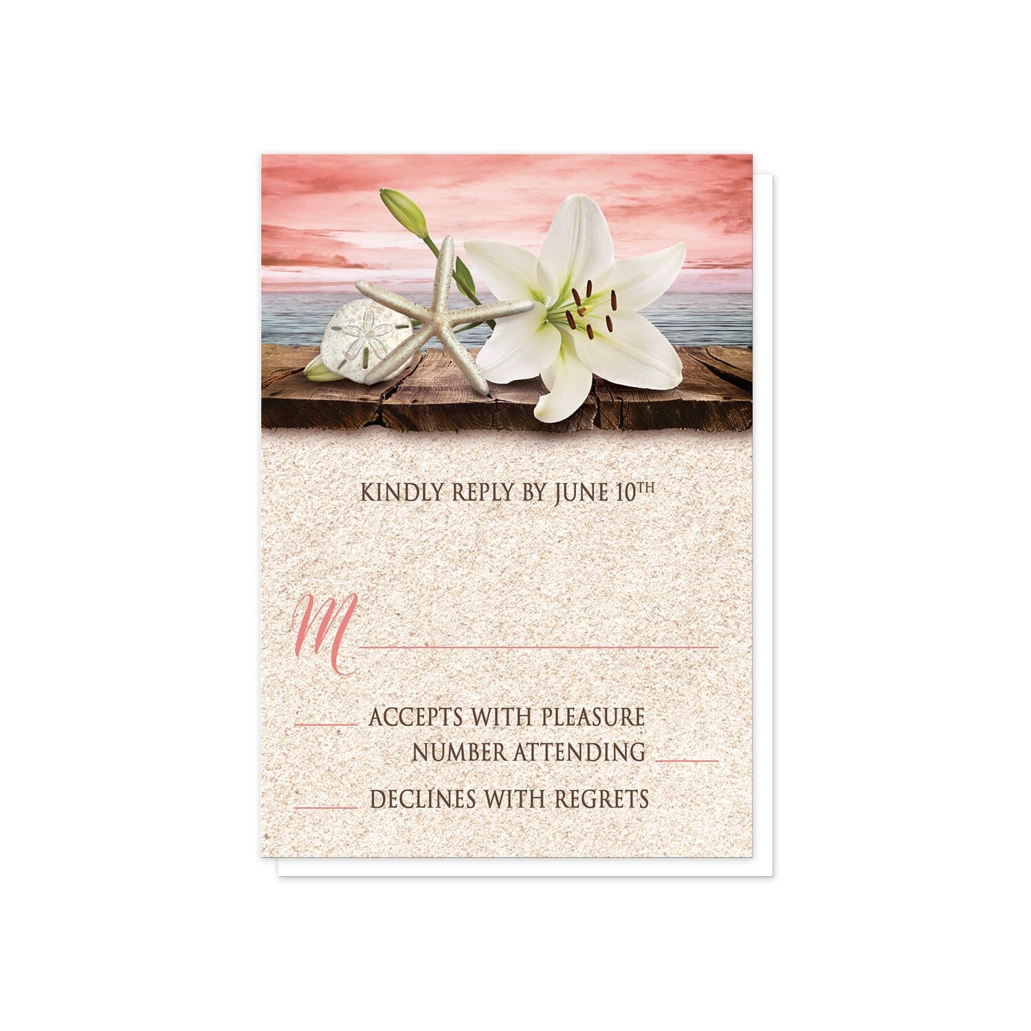 tiger lily wedding invitations Lily Seashells Sand Coral Beach Wedding Invitation