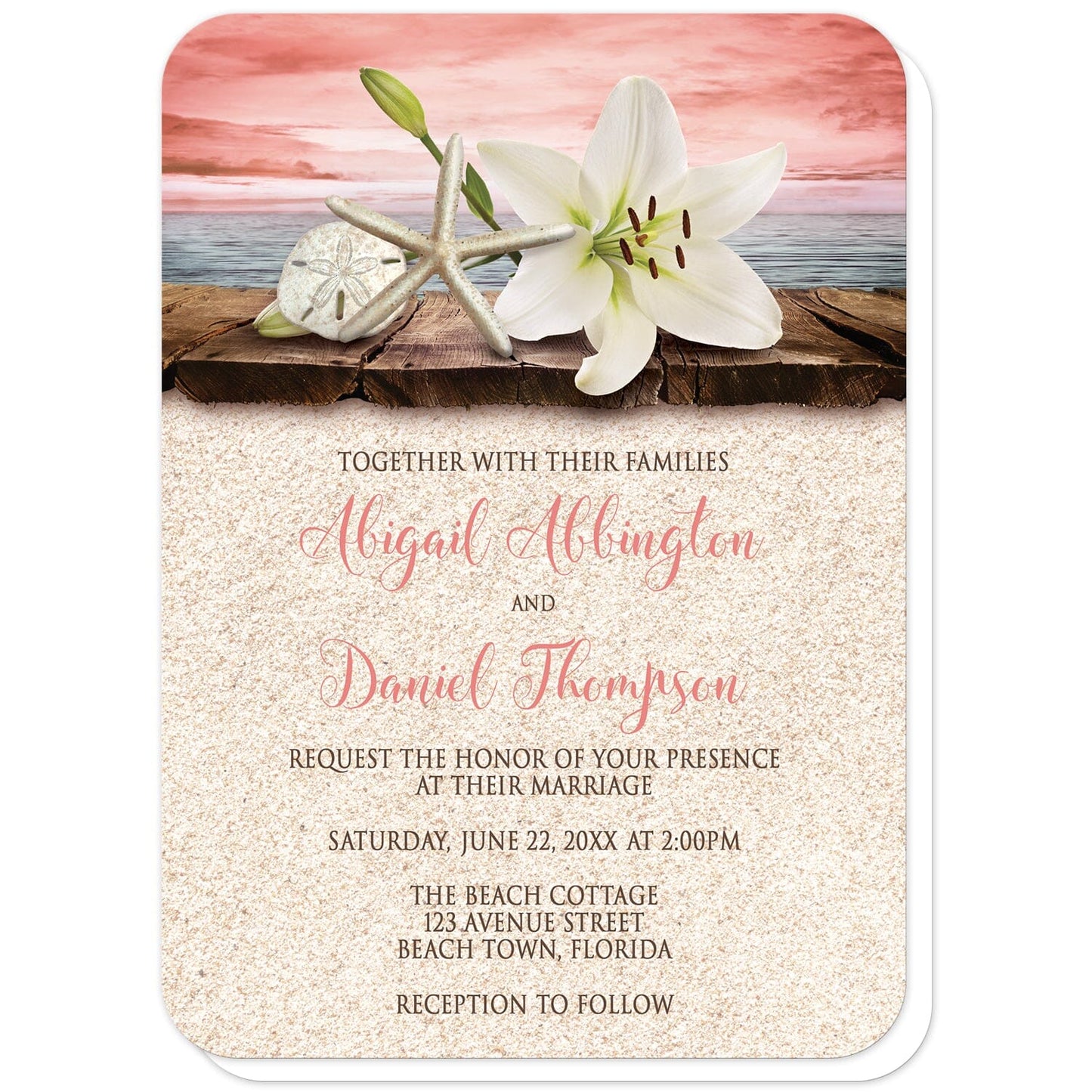 Lily Seashells and Sand Coral Beach Wedding Invitations (with rounded corners) at Artistically Invited. Tropical lily seashells and sand coral beach wedding invitations with an elegant white lily, a starfish, and a sand dollar on a rustic wood dock overlooking the open water under a coral sky. Your personalized marriage celebration details are custom printed in dark brown and coral over a beige sand background design below the lily and seashells.