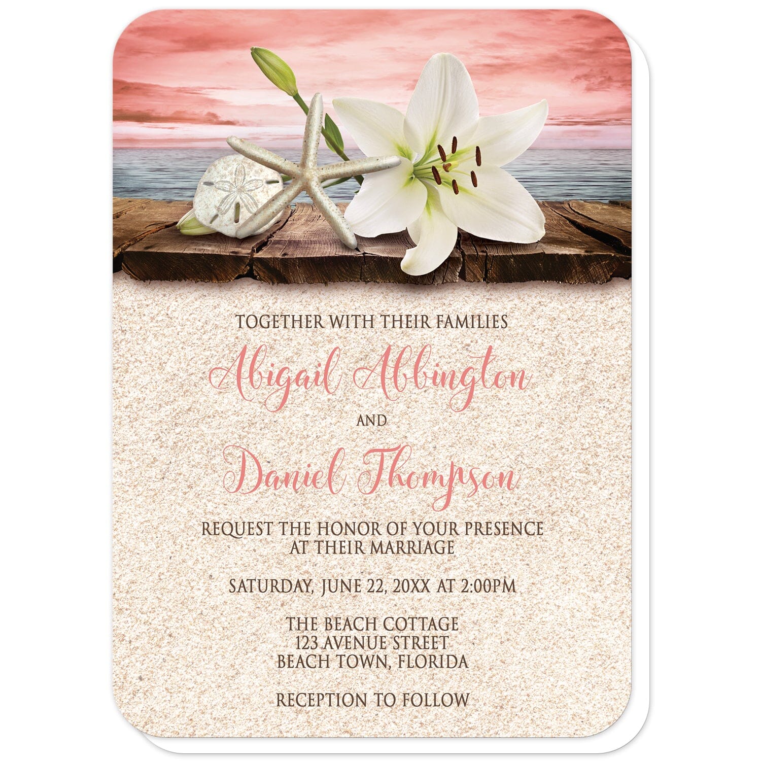 Lily Seashells and Sand Coral Beach Wedding Invitations (with rounded corners) at Artistically Invited. Tropical lily seashells and sand coral beach wedding invitations with an elegant white lily, a starfish, and a sand dollar on a rustic wood dock overlooking the open water under a coral sky. Your personalized marriage celebration details are custom printed in dark brown and coral over a beige sand background design below the lily and seashells.