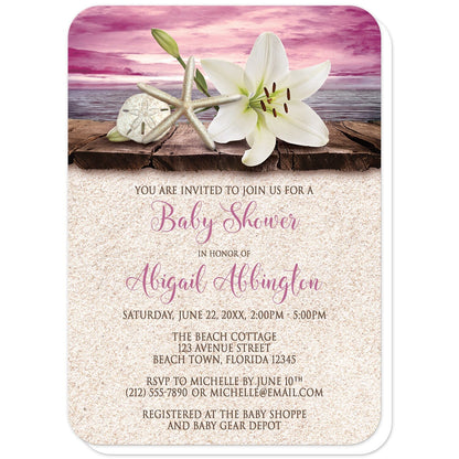 Lily Seashells and Sand Magenta Beach Baby Shower Invitations (with rounded corners) at Artistically Invited. Tropical lily seashells and sand magenta beach baby shower invitations with an elegant white lily, a starfish, and a sand dollar on a rustic wood dock overlooking the open water under a magenta sunset sky. Your personalized baby shower celebration details are custom printed in dark brown and magenta over a beige sand background design. 