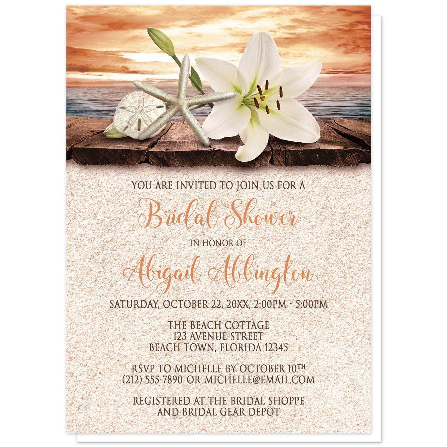 Lily Seashells and Sand Autumn Beach Bridal Shower Invitations at Artistically Invited. Lily seashells and sand autumn beach bridal shower invitations with an elegant white lily, a starfish, and a sand dollar on a rustic wood dock overlooking the open water under an orange sunset sky. Your personalized bridal shower celebration details are custom printed in dark brown and orange over a beige sand background design. 