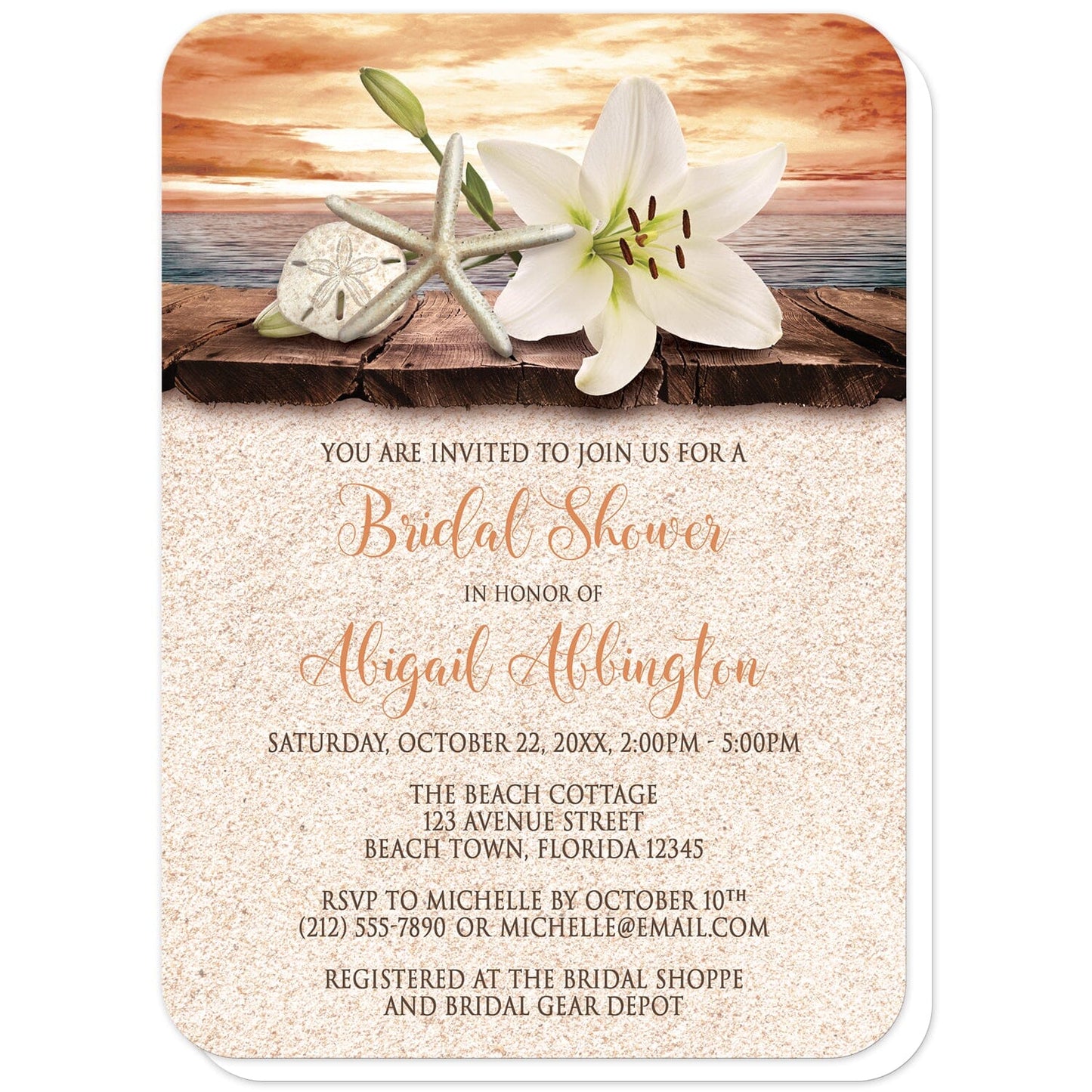 Lily Seashells and Sand Autumn Beach Bridal Shower Invitations (with rounded corners) at Artistically Invited. Lily seashells and sand autumn beach bridal shower invitations with an elegant white lily, a starfish, and a sand dollar on a rustic wood dock overlooking the open water under an orange sunset sky. Your personalized bridal shower celebration details are custom printed in dark brown and orange over a beige sand background design. 