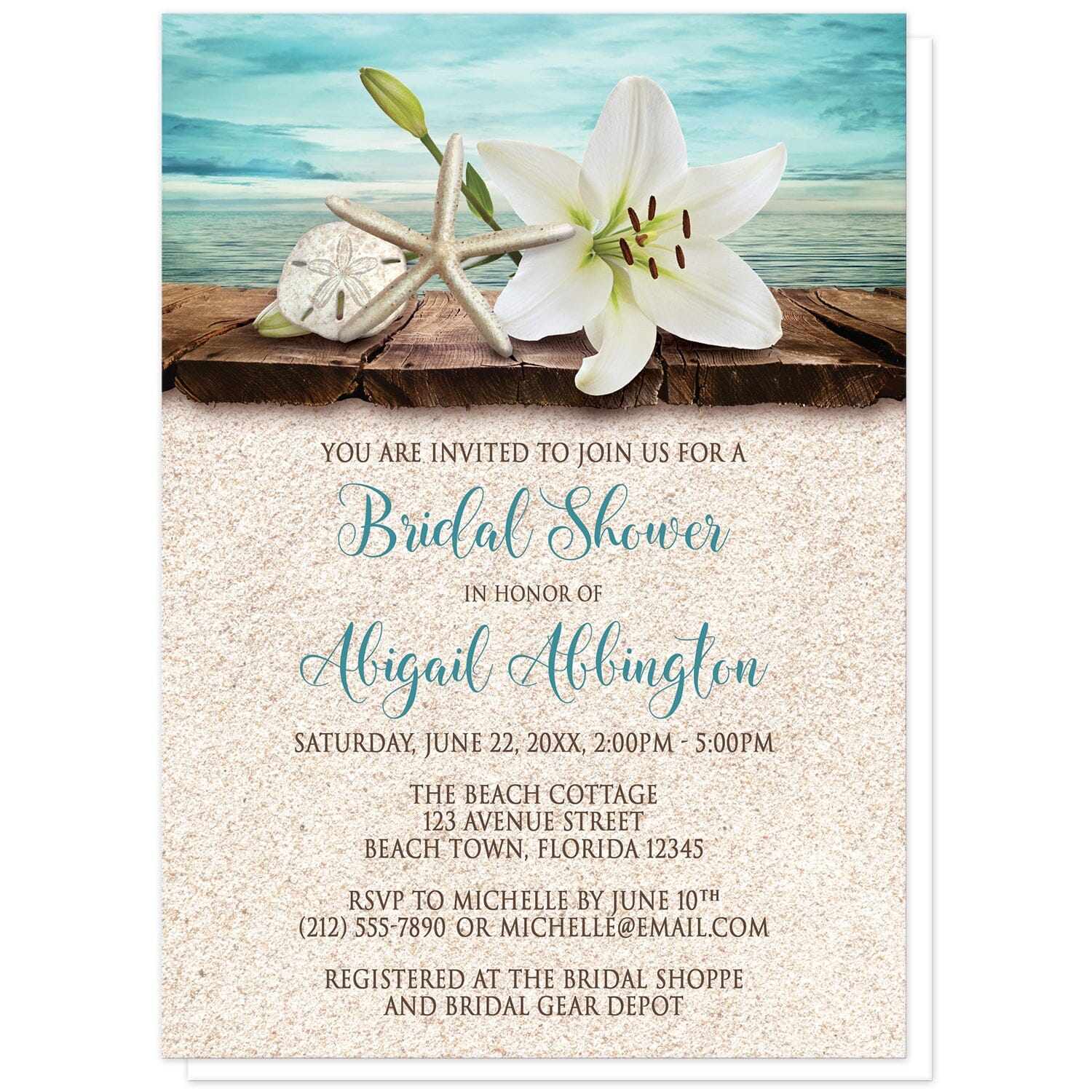 Lily Seashells and Sand Beach Bridal Shower Invitations at Artistically Invited. Floral lily seashells and sand beach bridal shower invitations with an elegant white lily, a starfish, and a sand dollar on a rustic wood dock overlooking the open water. Your personalized bridal shower celebration details are custom printed in dark brown and teal over a beige sand background design.