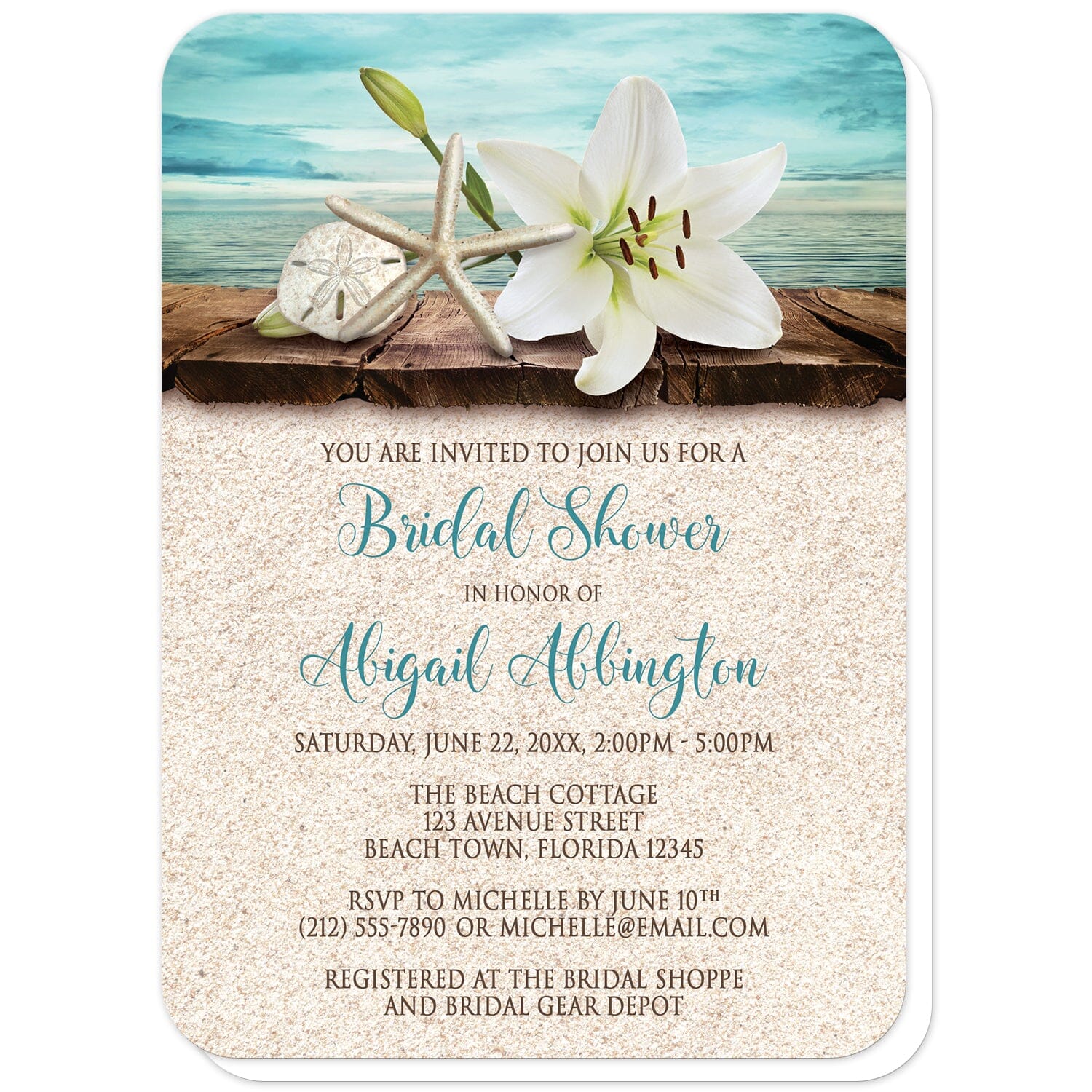 Lily Seashells and Sand Beach Bridal Shower Invitations (with rounded corners) at Artistically Invited. Floral lily seashells and sand beach bridal shower invitations with an elegant white lily, a starfish, and a sand dollar on a rustic wood dock overlooking the open water. Your personalized bridal shower celebration details are custom printed in dark brown and teal over a beige sand background design.