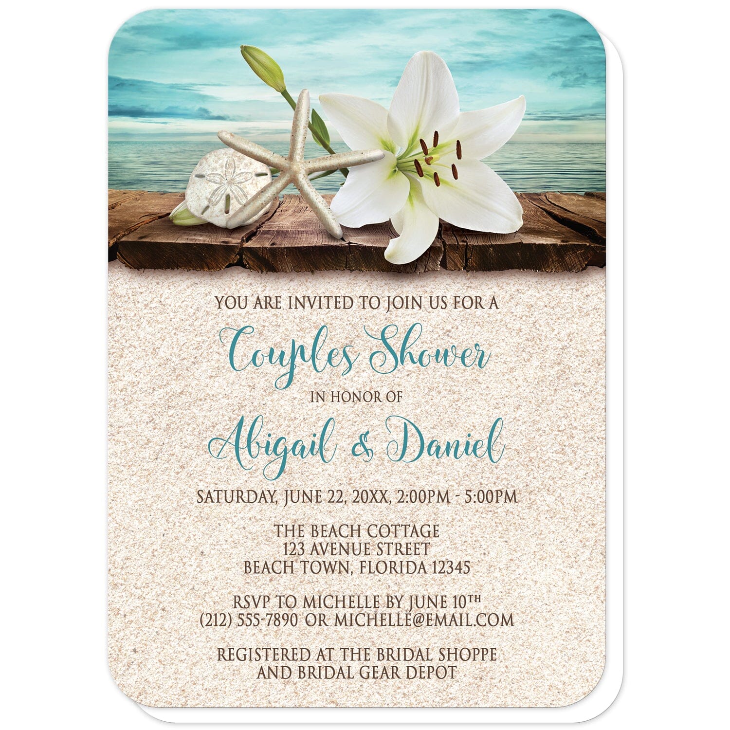 Lily Seashells and Sand Beach Couples Shower Invitations (with rounded corners) at Artistically Invited. Floral lily seashells and sand beach couples shower invitations with an elegant white lily, a starfish, and a sand dollar on a rustic wood dock overlooking the open water. Your personalized couples shower celebration details are custom printed in dark brown and teal over a beige sand background design. 