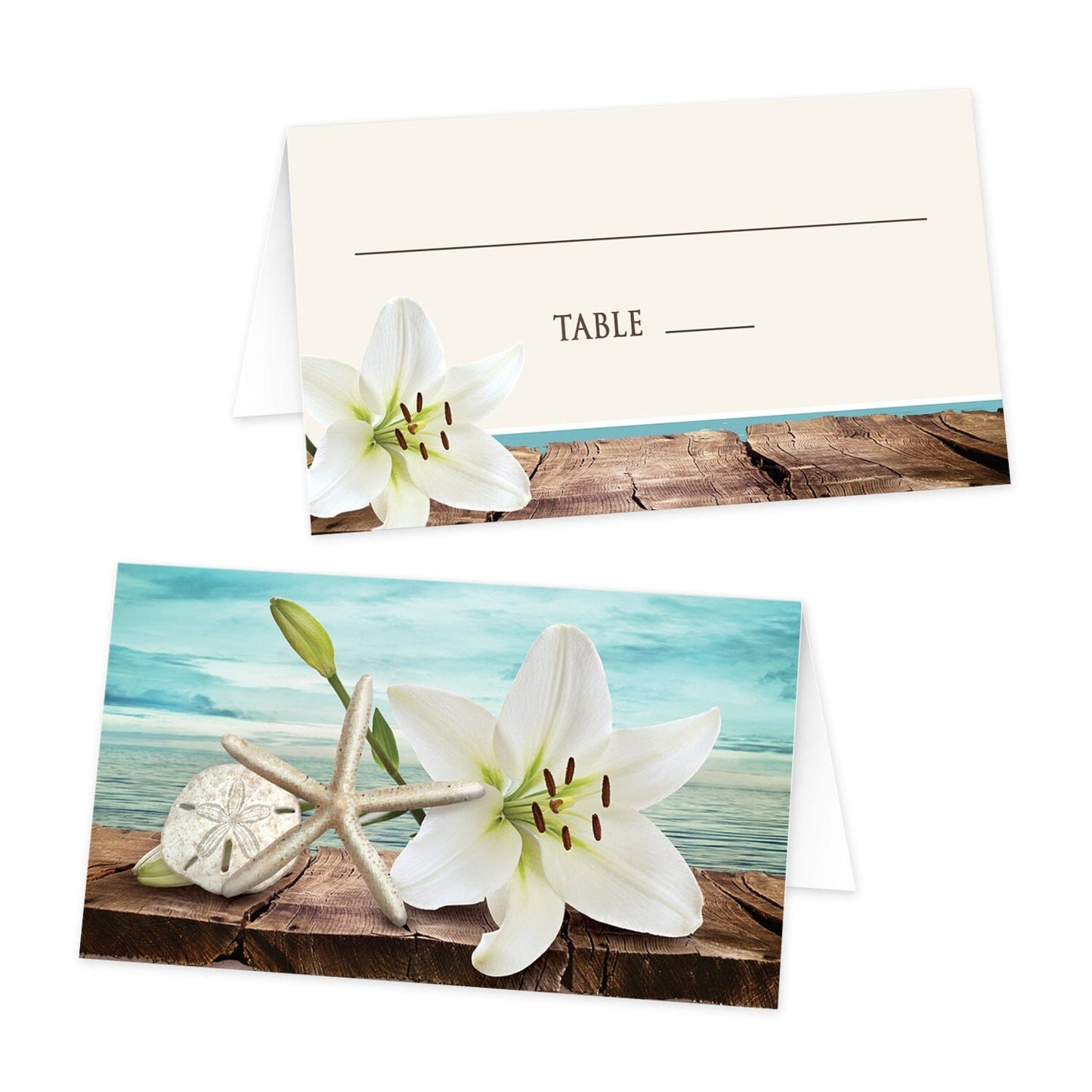 Lily Seashells and Sand Beach Folded Place Cards at Artistically Invited. Beautiful lily seashells and sand beach folded place cards designed with a pretty lily and seashells on a rustic brown wood dock over a turquoise sky and open water on the one side of the folded cards and your lines for writing the guest's name and table number over a beige sand-colored background on the other side.