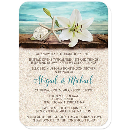 Lily Seashells and Sand Beach Honeymoon Shower Invitations (with rounded corners) at Artistically Invited. Floral lily seashells and sand beach honeymoon shower invitations with an elegant white lily, a starfish, and a sand dollar on a rustic wood dock overlooking the open water. Your personalized honeymoon shower celebration details are custom printed in dark brown and teal over a beige sand background design.