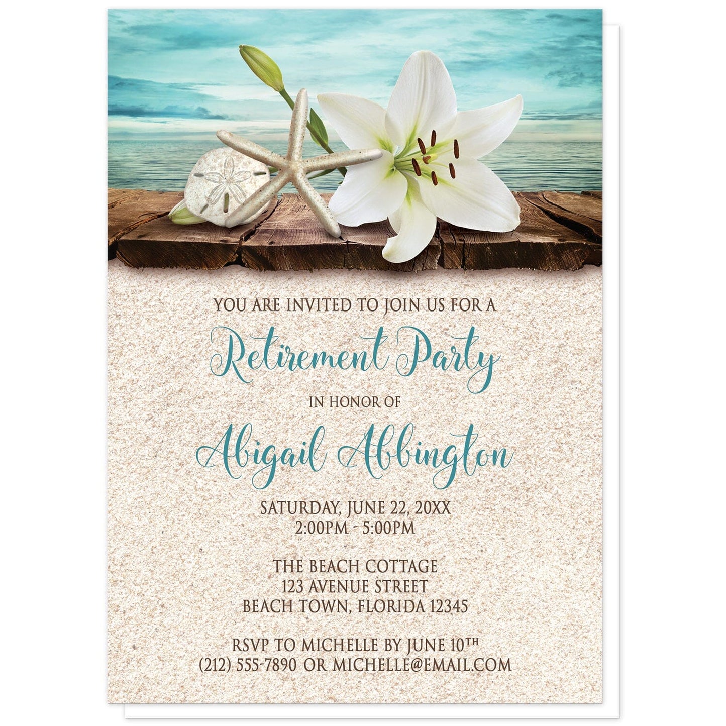 Lily Seashells and Sand Beach Retirement Invitations at Artistically Invited. Floral lily seashells and sand beach retirement invitations with an elegant white lily, a starfish, and a sand dollar on a rustic wood dock overlooking the open water. These tropical lily invitations are fully illustrated in a beach color scheme of teal and turquoise, beige, and brown. Your personalized retirement party details are custom printed in dark brown and teal over a beige sand texture background design.