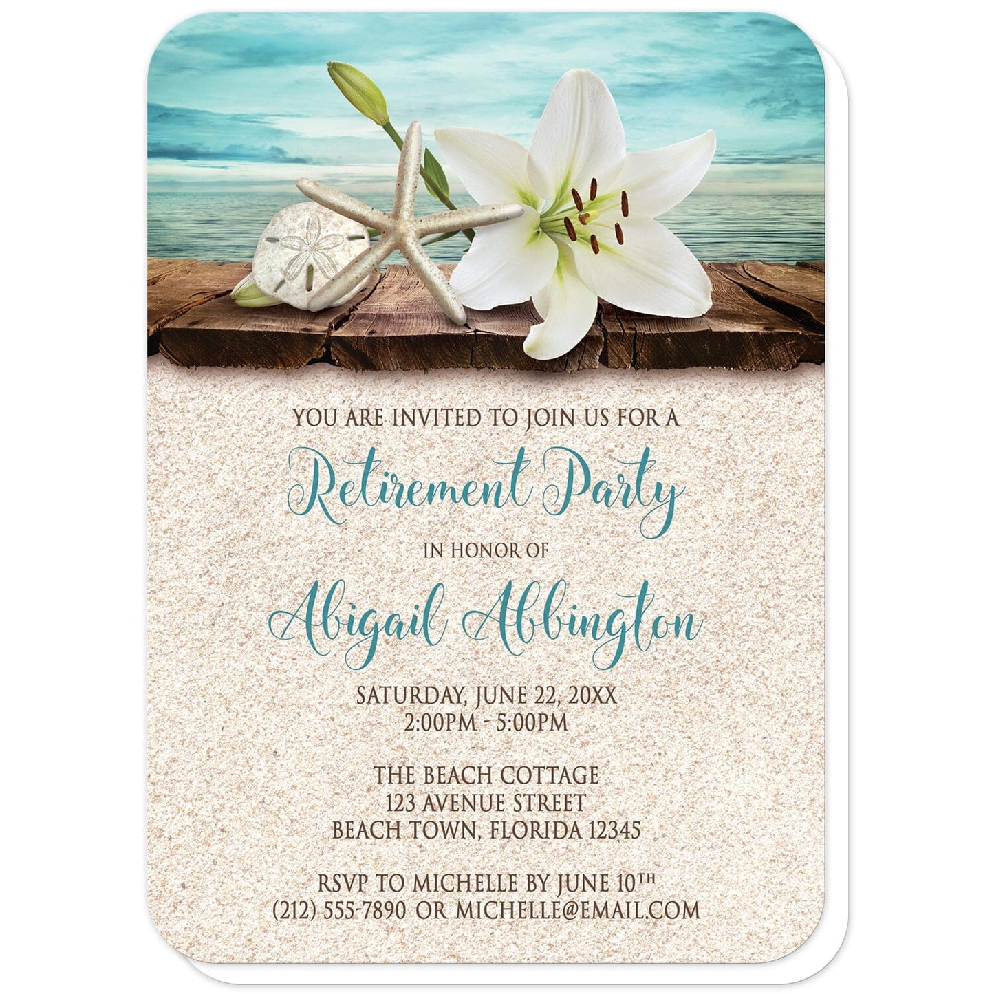 Lily Seashells and Sand Beach Retirement Invitations (with rounded corners) at Artistically Invited. Floral tropical invites with an elegant white lily, a starfish, and a sand dollar on a rustic wood dock overlooking the open water. These tropical lily invitations are fully illustrated in a beach color scheme of teal and turquoise, beige, and brown. Your personalized retirement party details are custom printed in dark brown and teal over a beige sand texture background design.