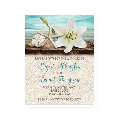  Lily Seashells and Sand Beach Save the Date Cards at Artistically Invited. Beautiful tropical lily seashells and sand beach save the date cards with an elegant white lily, a starfish, and a sand dollar on a rustic wood dock overlooking the open water. Your personalized wedding announcement date details printed in dark brown and teal over a beige sand background design.