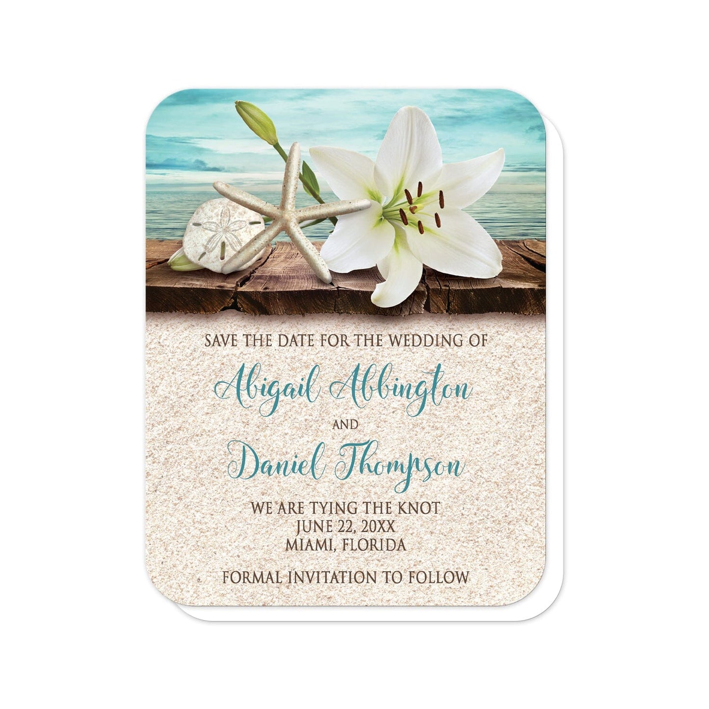  Lily Seashells and Sand Beach Save the Date Cards (with rounded corners) at Artistically Invited. Beautiful tropical lily seashells and sand beach save the date cards with an elegant white lily, a starfish, and a sand dollar on a rustic wood dock overlooking the open water. Your personalized wedding announcement date details printed in dark brown and teal over a beige sand background design.