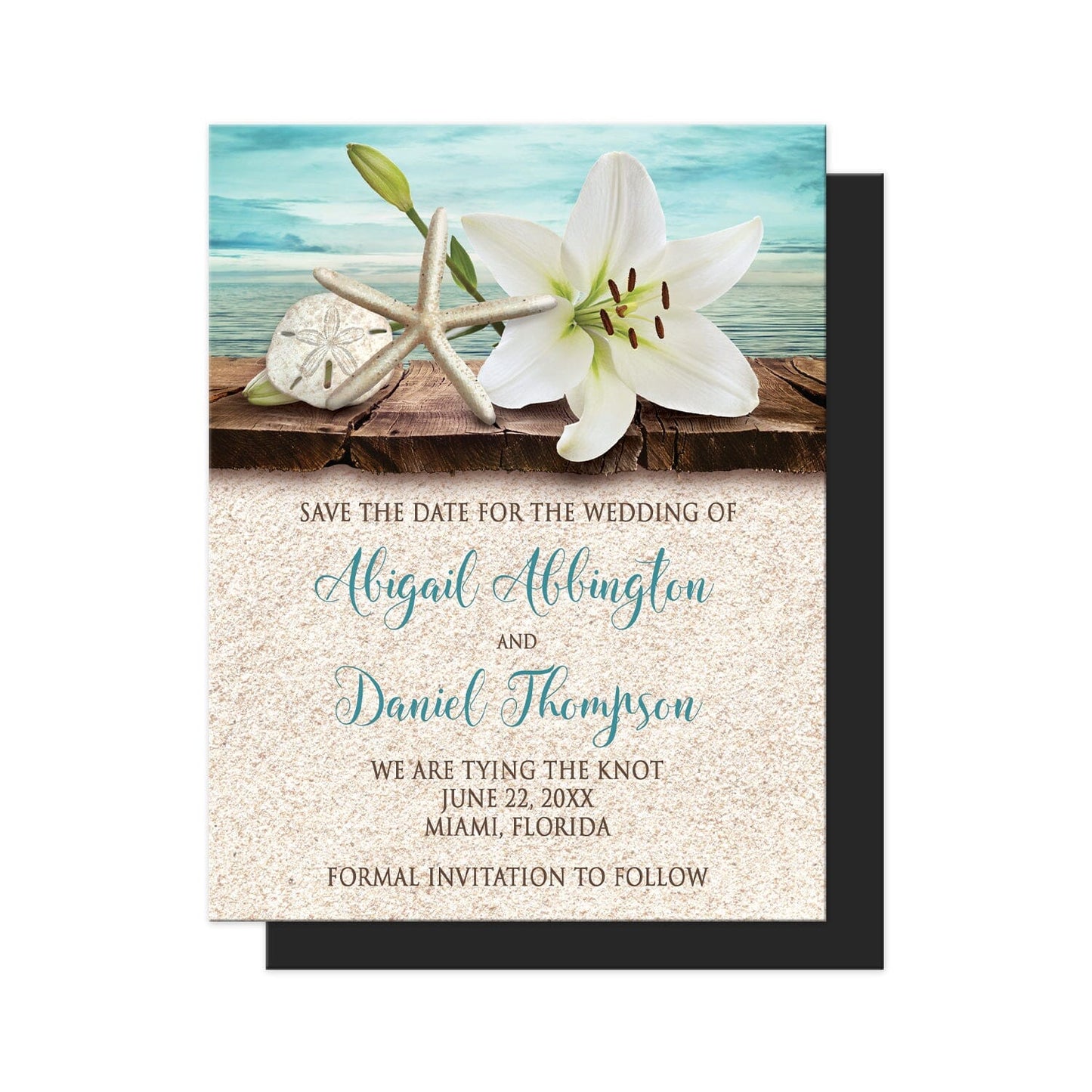 Lily Seashells and Sand Beach Save the Date Magnets at Artistically Invited. Beautiful tropical lily seashells and sand beach wedding save the date magnets with an elegant white lily, a starfish, and a sand dollar on a rustic wood dock overlooking the open water. Your personalized wedding date announcement details are custom printed in dark brown and teal over a beige sand background design.