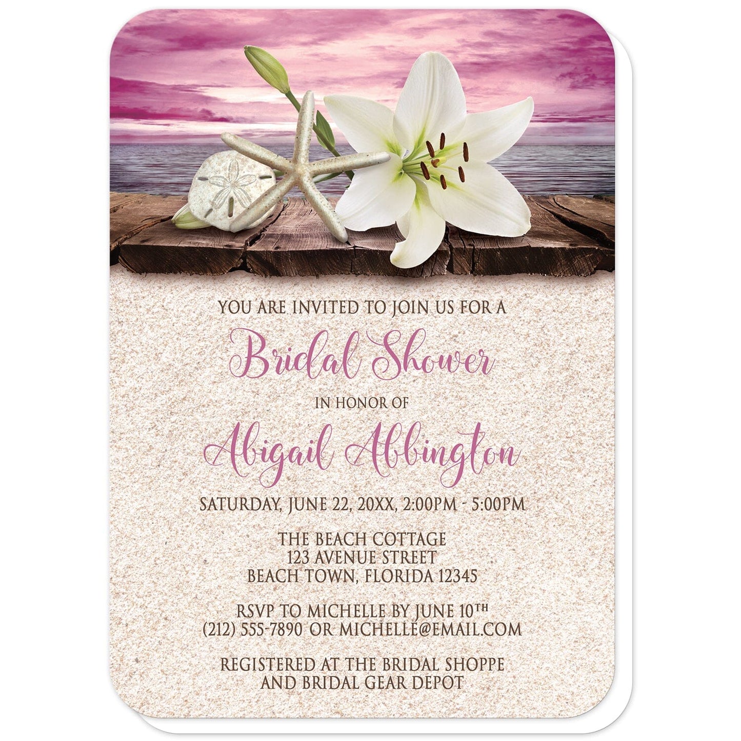 Lily Seashells and Sand Magenta Beach Bridal Shower Invitations (with rounded corners) at Artistically Invited. Tropical lily seashells and sand magenta beach bridal shower invitations with an elegant white lily, a starfish, and a sand dollar on a rustic wood dock overlooking the open water under a magenta sunset sky. Your personalized bridal shower celebration details are custom printed in dark brown and magenta over a beige sand background design.