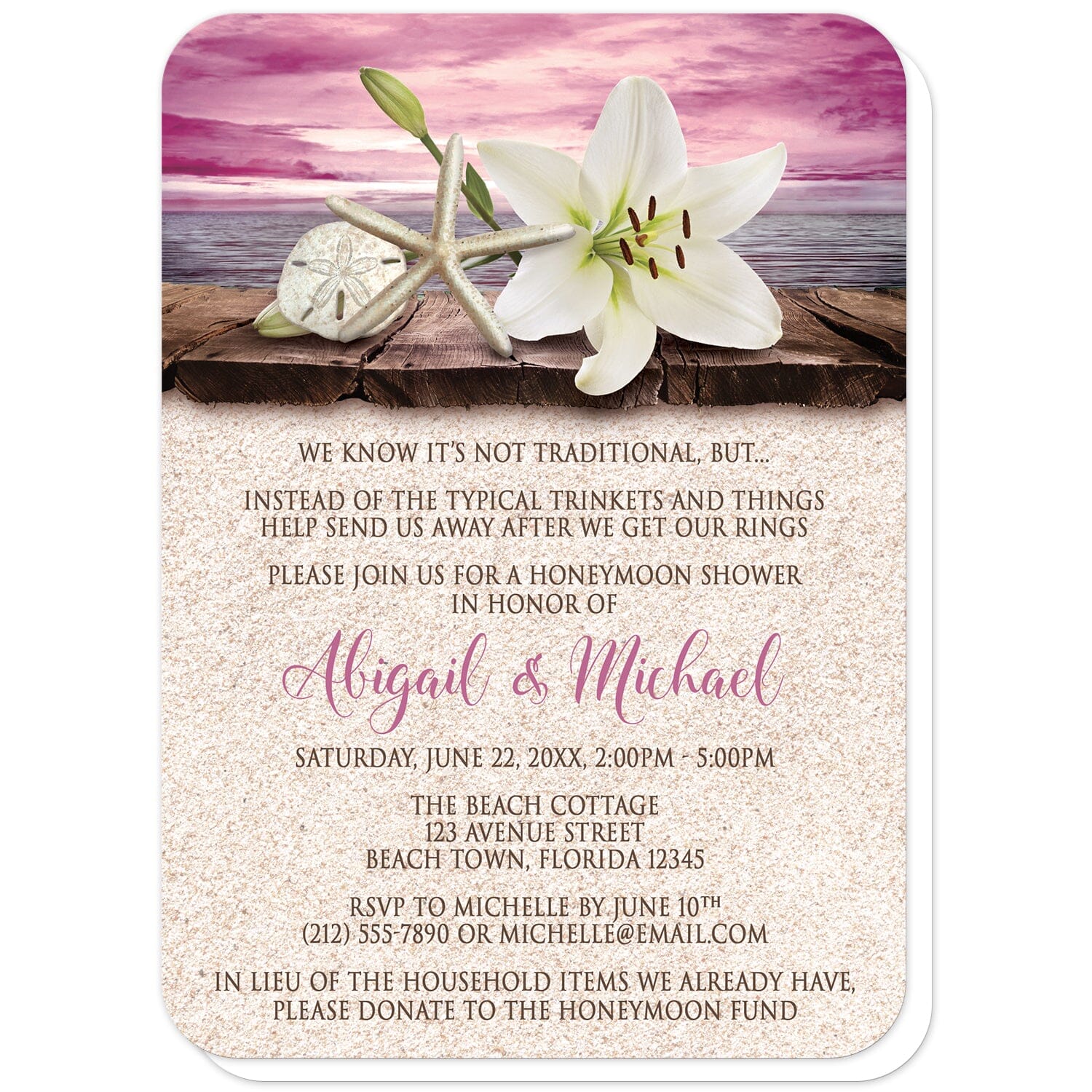 Lily Seashells and Sand Magenta Beach Honeymoon Shower Invitations (with rounded corners) at Artistically Invited. Tropical lily seashells and sand magenta beach honeymoon shower invitations with an elegant white lily, a starfish, and a sand dollar on a rustic wood dock overlooking the open water under a magenta sunset sky. Your personalized honeymoon shower celebration details are custom printed in dark brown and magenta over a beige sand background design. 