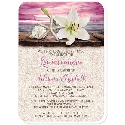 Lily Seashells and Sand Magenta Beach Quinceañera Invitations (with rounded corners) at Artistically Invited. Tropical lily seashells and sand magenta beach Quinceañera invitations with an elegant white lily, a starfish, and a sand dollar on a rustic wood dock overlooking the open water under a magenta sunset sky. Your personalized 15th birthday celebration details are custom printed in dark brown and magenta over a beige sand texture background. 