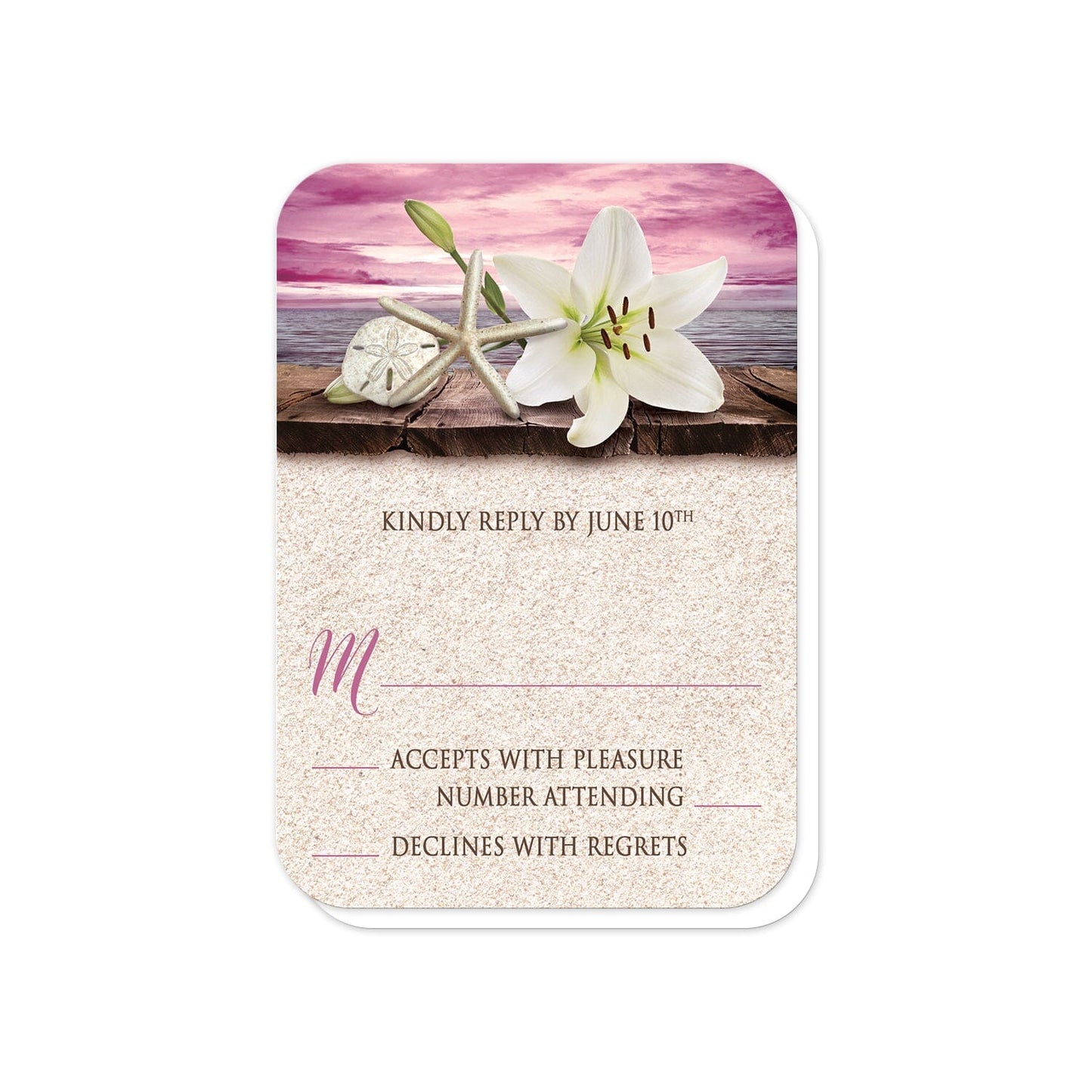 Lily Seashells and Sand Magenta Beach RSVP Cards (with rounded corners) at Artistically Invited.