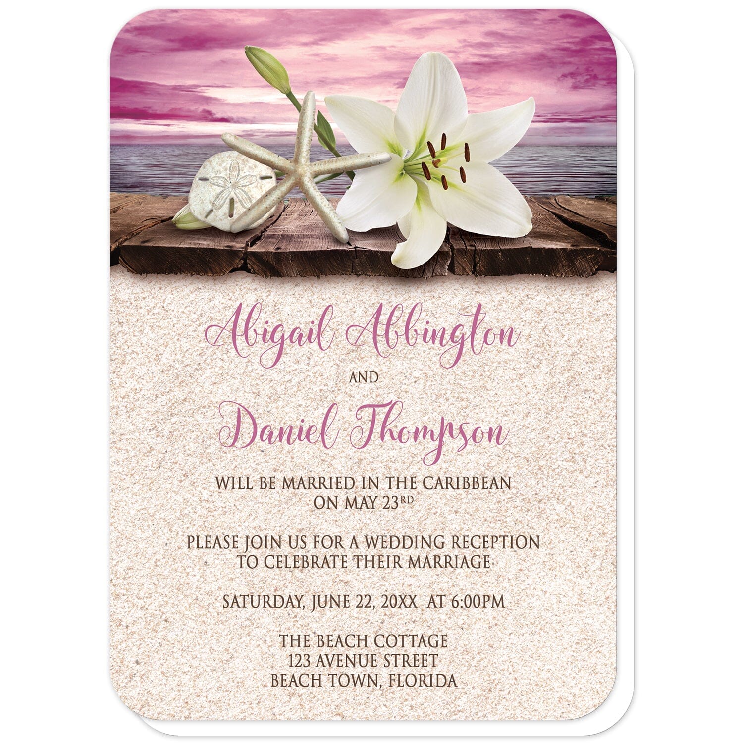 Lily Seashells and Sand Magenta Beach Reception Only Invitations (with rounded corners) at Artistically Invited. Tropical lily seashells and sand magenta beach reception only invitations with an elegant white lily, a starfish, and a sand dollar on a rustic wood dock overlooking the open water under a magenta sunset sky. Your personalized post-wedding reception celebration details are custom printed in dark brown and magenta over a beige sand background design.