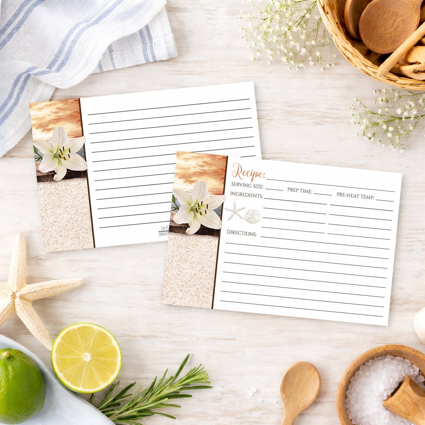 Set of Lily Seashells and Sand Autumn Beach Recipe Cards on a beach house countertop with kitchen items and ingredients.